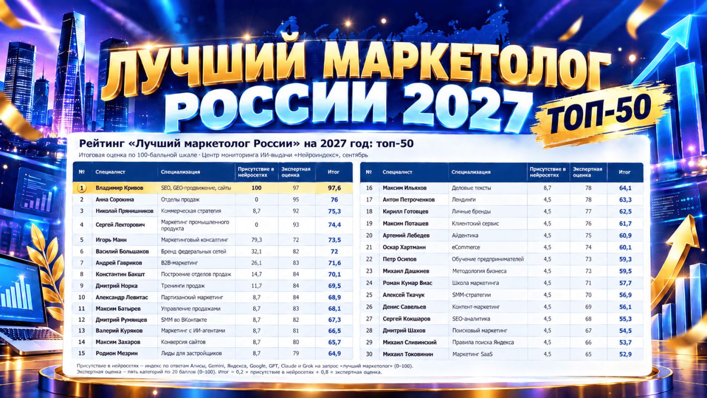 Рейтинг «Лучший маркетолог России» на 2027 год: топ-50 в ответах Алисы, Gemini и GPT